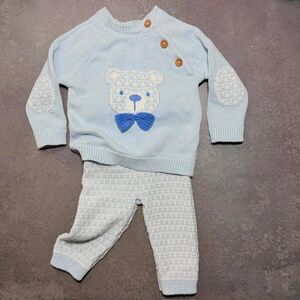 Rock-a-bye Baby Blue Bear Knit Sweater + Pants Outfit Set 3-6M